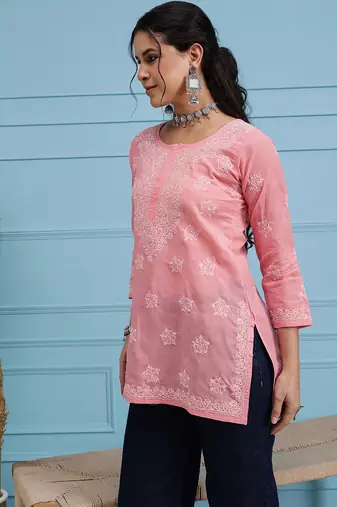 Hand Embroidered Peach Cotton Lucknowi Chikankari Straight Kurti For Women