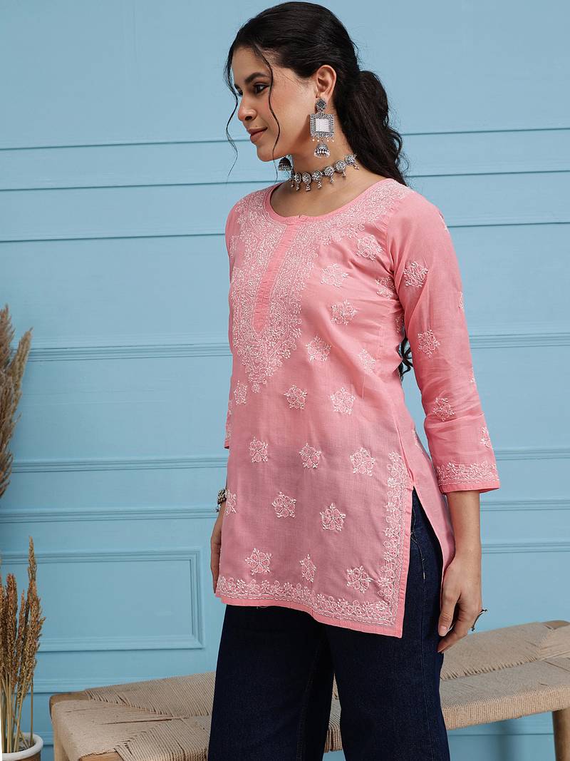 Hand Embroidered Peach Cotton Lucknowi Chikankari Straight Kurti For Women