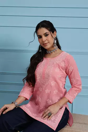 Hand Embroidered Peach Cotton Lucknowi Chikankari Straight Kurti For Women