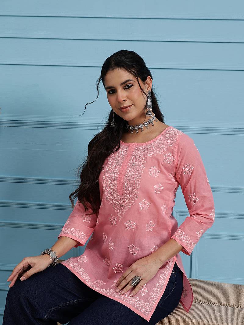 Hand Embroidered Peach Cotton Lucknowi Chikankari Straight Kurti For Women