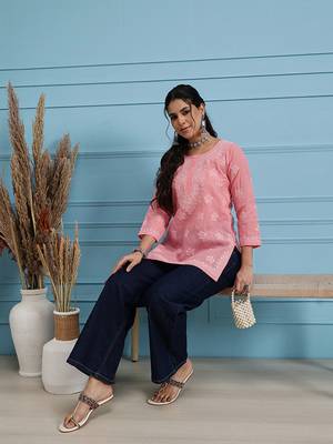 Hand Embroidered Peach Cotton Lucknowi Chikankari Straight Kurti For Women 5