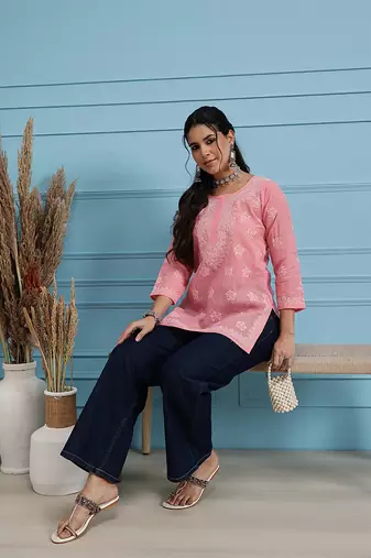 Hand Embroidered Peach Cotton Lucknowi Chikankari Straight Kurti For Women