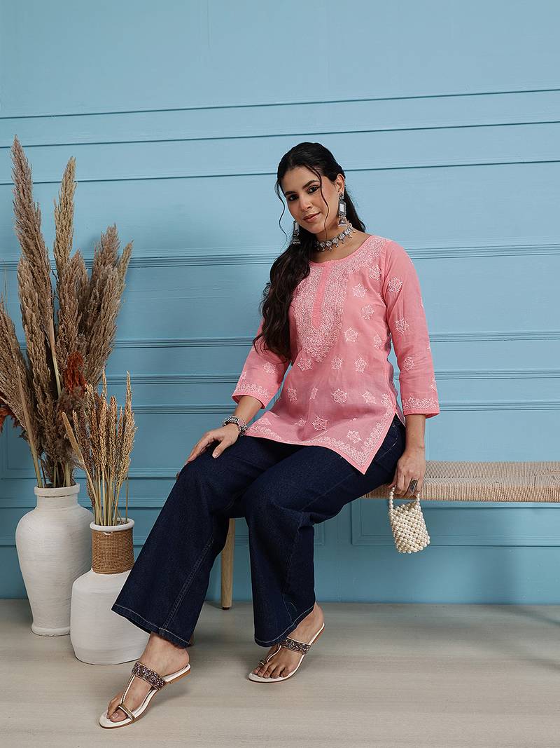 Hand Embroidered Peach Cotton Lucknowi Chikankari Straight Kurti For Women
