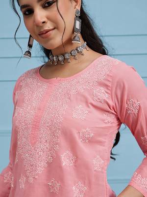 Hand Embroidered Peach Cotton Lucknowi Chikankari Straight Kurti For Women 6