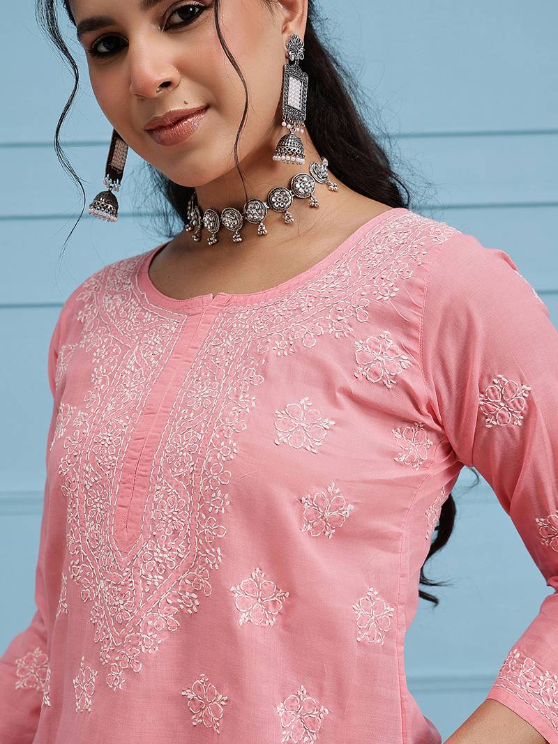 Hand Embroidered Peach Cotton Lucknowi Chikankari Straight Kurti For Women