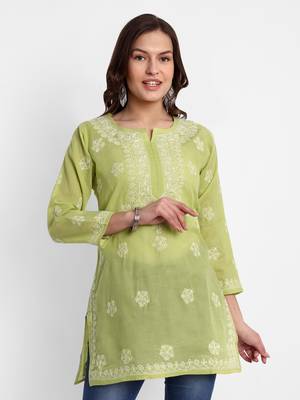 Hand Embroidered Pear Green Cotton Lucknowi Chikankari Short Kurti For Women 1
