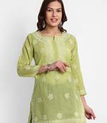 Hand Embroidered Pear Green Cotton Lucknowi Chikankari Short Kurti For Women