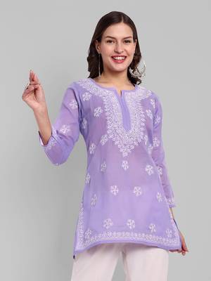 Hand Embroidered Mauve Cotton Lucknowi Chikankari Straight Kurti For Women 1