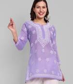 Hand Embroidered Mauve Cotton Lucknowi Chikankari Straight Kurti For Women