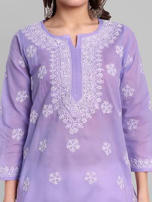 Hand Embroidered Mauve Cotton Lucknowi Chikankari Straight Kurti For Women 2