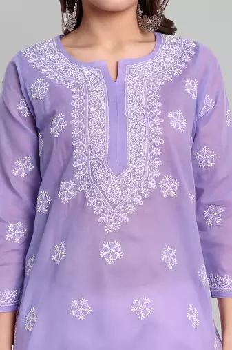 Hand Embroidered Mauve Cotton Lucknowi Chikankari Straight Kurti For Women