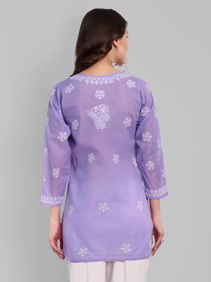 Hand Embroidered Mauve Cotton Lucknowi Chikankari Straight Kurti For Women 3