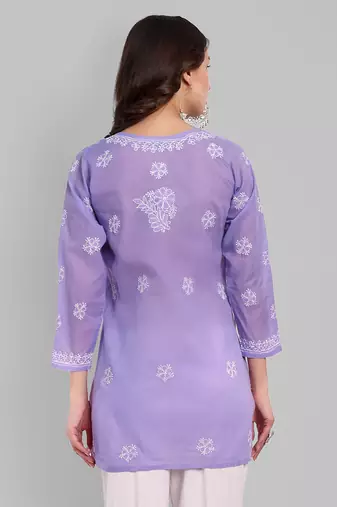 Hand Embroidered Mauve Cotton Lucknowi Chikankari Straight Kurti For Women