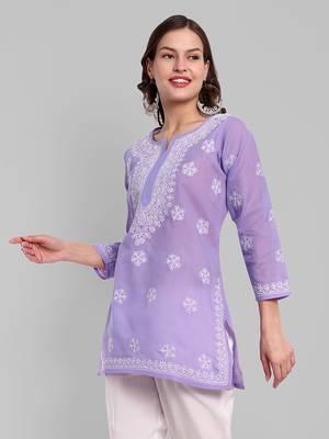 Hand Embroidered Mauve Cotton Lucknowi Chikankari Straight Kurti For Women 4