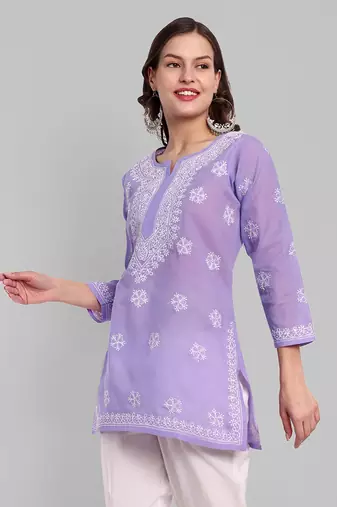 Hand Embroidered Mauve Cotton Lucknowi Chikankari Straight Kurti For Women
