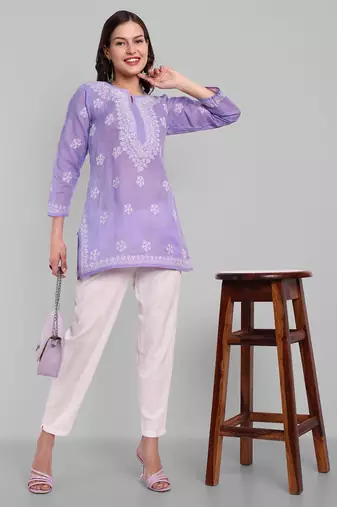 Hand Embroidered Mauve Cotton Lucknowi Chikankari Straight Kurti For Women