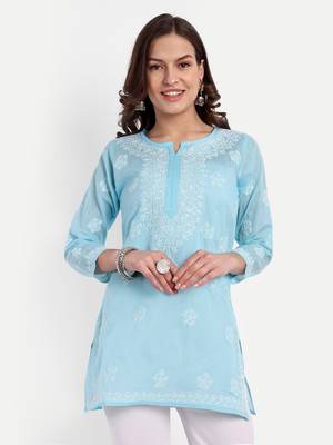 Hand Embroidered Blue Cotton Lucknowi Chikankari Straight Kurti For Women 1