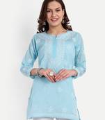 Hand Embroidered Blue Cotton Lucknowi Chikankari Straight Kurti For Women