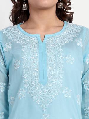 Hand Embroidered Blue Cotton Lucknowi Chikankari Straight Kurti For Women 2