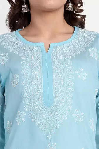 Hand Embroidered Blue Cotton Lucknowi Chikankari Straight Kurti For Women