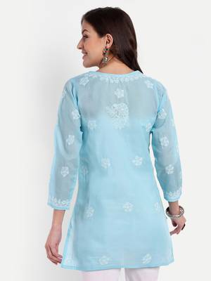 Hand Embroidered Blue Cotton Lucknowi Chikankari Straight Kurti For Women 3