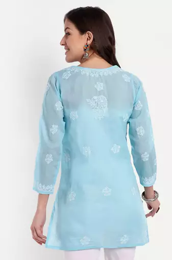 Hand Embroidered Blue Cotton Lucknowi Chikankari Straight Kurti For Women