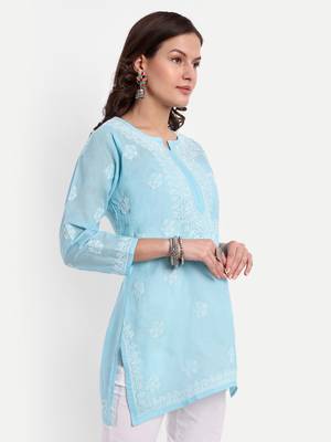 Hand Embroidered Blue Cotton Lucknowi Chikankari Straight Kurti For Women 4
