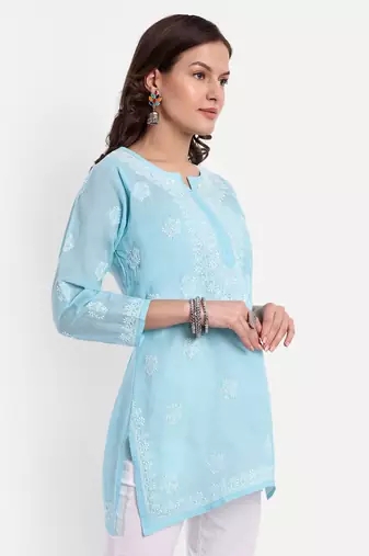 Hand Embroidered Blue Cotton Lucknowi Chikankari Straight Kurti For Women