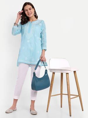 Hand Embroidered Blue Cotton Lucknowi Chikankari Straight Kurti For Women 5