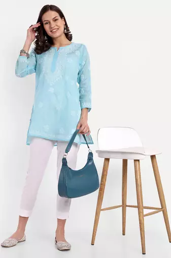 Hand Embroidered Blue Cotton Lucknowi Chikankari Straight Kurti For Women