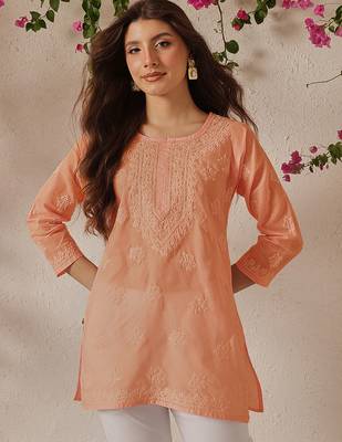 Hand Embroidered Light Peach Cotton Lucknowi Chikankari Straight Kurti For Women 1