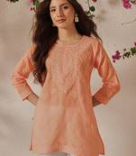 Hand Embroidered Light Peach Cotton Lucknowi Chikankari Straight Kurti For Women