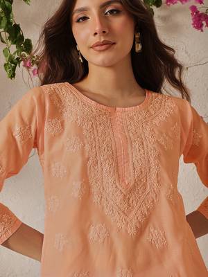 Hand Embroidered Light Peach Cotton Lucknowi Chikankari Straight Kurti For Women 5
