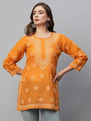 Ada Hand Embroidered Ochre Mustard Cotton Lucknowi Chikankari Short Kurti for Women - A911369 1