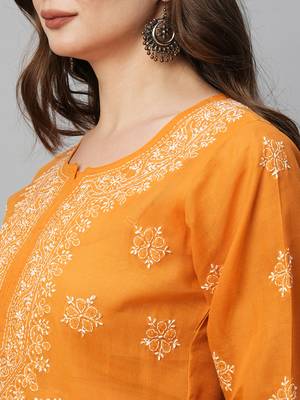 Ada Hand Embroidered Ochre Mustard Cotton Lucknowi Chikankari Short Kurti for Women - A911369 2