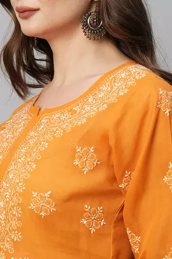 Ada Hand Embroidered Ochre Mustard Cotton Lucknowi Chikankari Short Kurti for Women - A911369