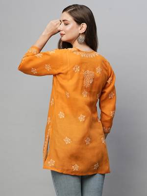 Ada Hand Embroidered Ochre Mustard Cotton Lucknowi Chikankari Short Kurti for Women - A911369 3