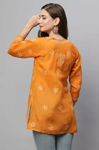 Ada Hand Embroidered Ochre Mustard Cotton Lucknowi Chikankari Short Kurti for Women - A911369