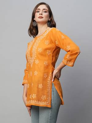 Ada Hand Embroidered Ochre Mustard Cotton Lucknowi Chikankari Short Kurti for Women - A911369 4