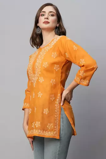 Ada Hand Embroidered Ochre Mustard Cotton Lucknowi Chikankari Short Kurti for Women - A911369