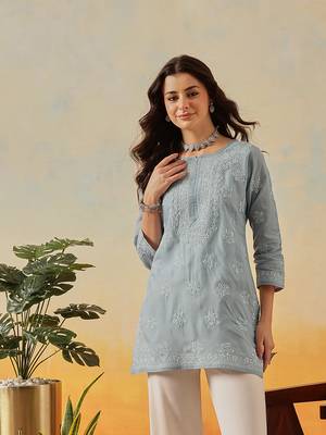 Hand Embroidered Grey Cotton Lucknowi Chikankari Short Kurti For Women 1