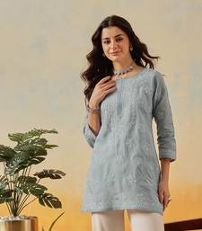 Hand Embroidered Grey Cotton Lucknowi Chikankari Short Kurti For Women
