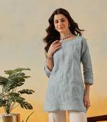 Hand Embroidered Grey Cotton Lucknowi Chikankari Short Kurti For Women