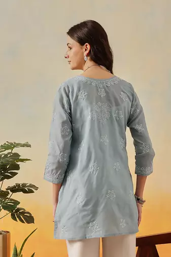 Hand Embroidered Grey Cotton Lucknowi Chikankari Short Kurti For Women