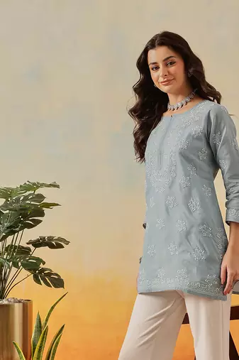 Hand Embroidered Grey Cotton Lucknowi Chikankari Short Kurti For Women
