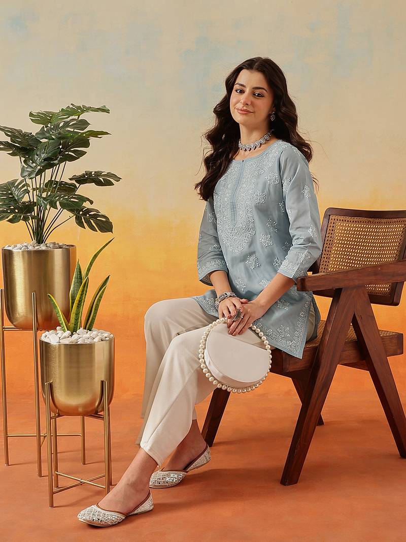 Hand Embroidered Grey Cotton Lucknowi Chikankari Short Kurti For Women