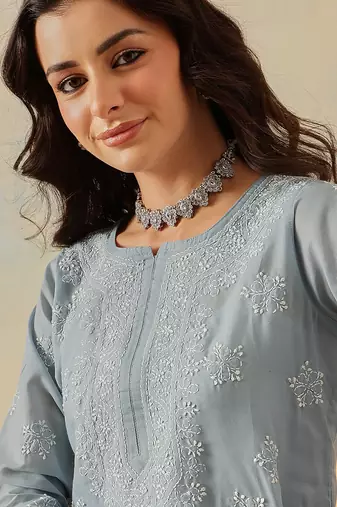Hand Embroidered Grey Cotton Lucknowi Chikankari Short Kurti For Women