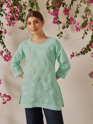 Hand Embroidered Sea Green Cotton Lucknowi Chikankari Short Kurti For Women 1