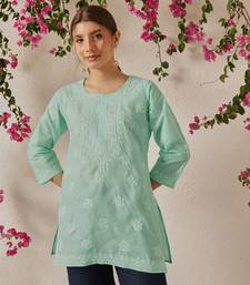 Hand Embroidered Sea Green Cotton Lucknowi Chikankari Short Kurti For Women