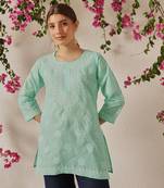 Hand Embroidered Sea Green Cotton Lucknowi Chikankari Short Kurti For Women